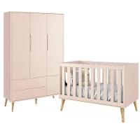 Jogo De Quarto Infantil Theo Guarda Roupa 3 Portas E Berço Rosa Fosco Com Pés Madeira Natural - Reller Móveis Rosa Fosco - 1