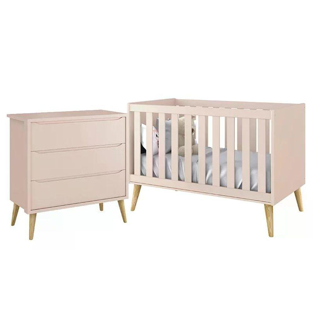 Jogo De Quarto Infantil Theo Cômoda 3 Gavetas E Berço Rosa Fosco Com Pés Madeira Natural - Reller Móveis Rosa Fosco - 1