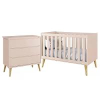 Jogo De Quarto Infantil Theo Cômoda 3 Gavetas E Berço Rosa Fosco Com Pés Madeira Natural - Reller Móveis Rosa Fosco - 1
