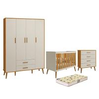 Dormitório Infantil Isis Guarda Roupa 4 Portas, Cômoda E Berço Areia Savana Com Colchão D18 - Reller Móveis Areia Savana - 1