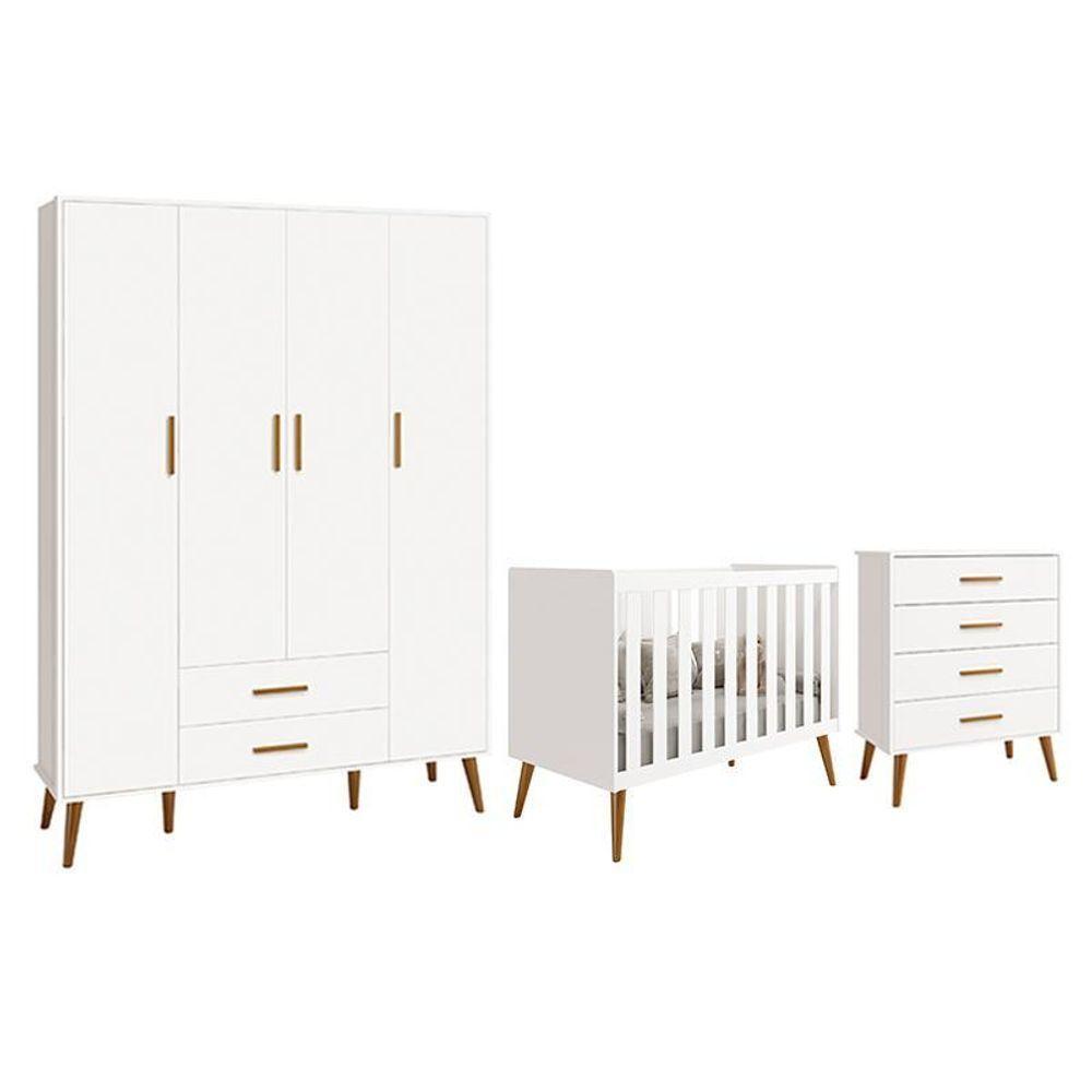 Dormitório Infantil Isis Guarda Roupa 4 Portas, Cômoda E Berço Branco - Reller Móveis Branco - 1