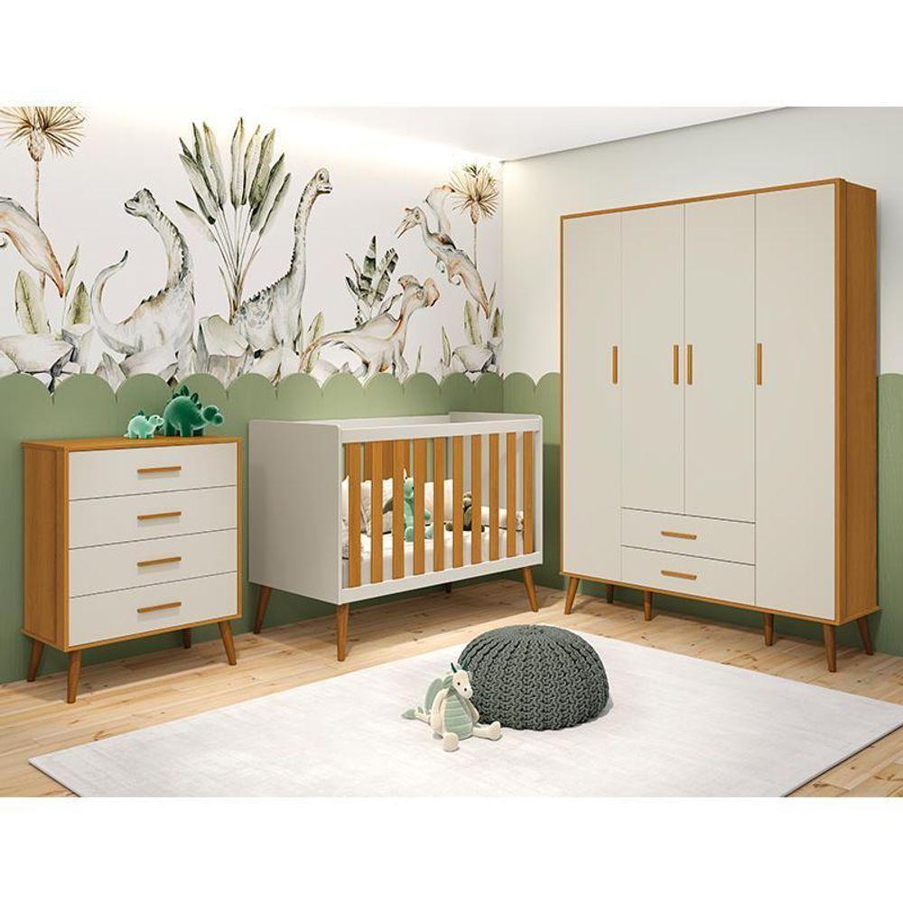 Dormitório Infantil Isis Guarda Roupa 4 Portas, Cômoda E Berço Areia Savana Com Colchão - Reller Móveis Areia Savana - 6