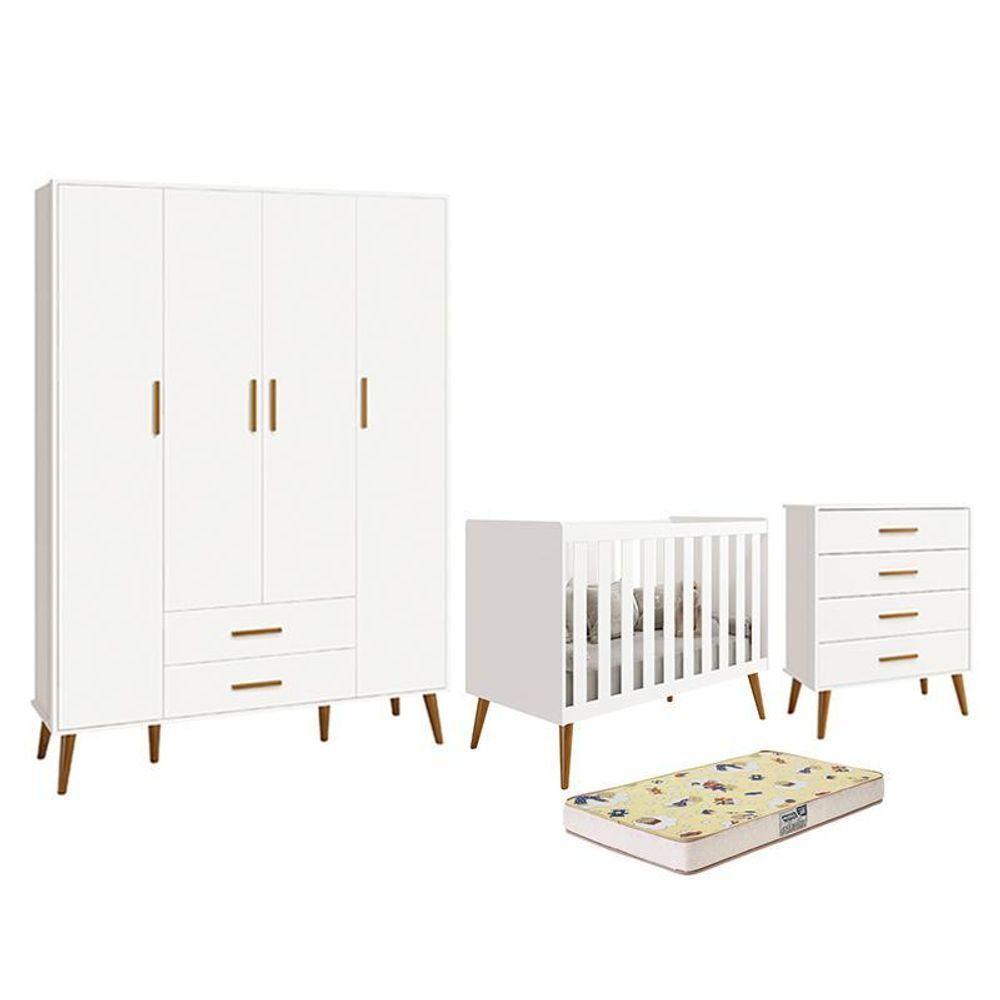 Dormitório Infantil Isis Guarda Roupa 4 Portas, Cômoda E Berço Branco Com Colchão D18 - Reller Móveis Branco - 1