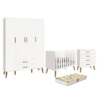 Dormitório Infantil Isis Guarda Roupa 4 Portas, Cômoda E Berço Branco Com Colchão D18 - Reller Móveis Branco - 1