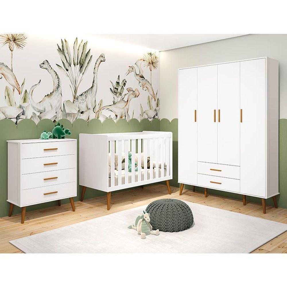 Dormitório Infantil Isis Guarda Roupa 4 Portas, Cômoda E Berço Branco Com Colchão - Reller Móveis Branco - 3