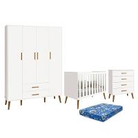 Dormitório Infantil Isis Guarda Roupa 4 Portas, Cômoda E Berço Branco Com Colchão - Reller Móveis Branco - 1