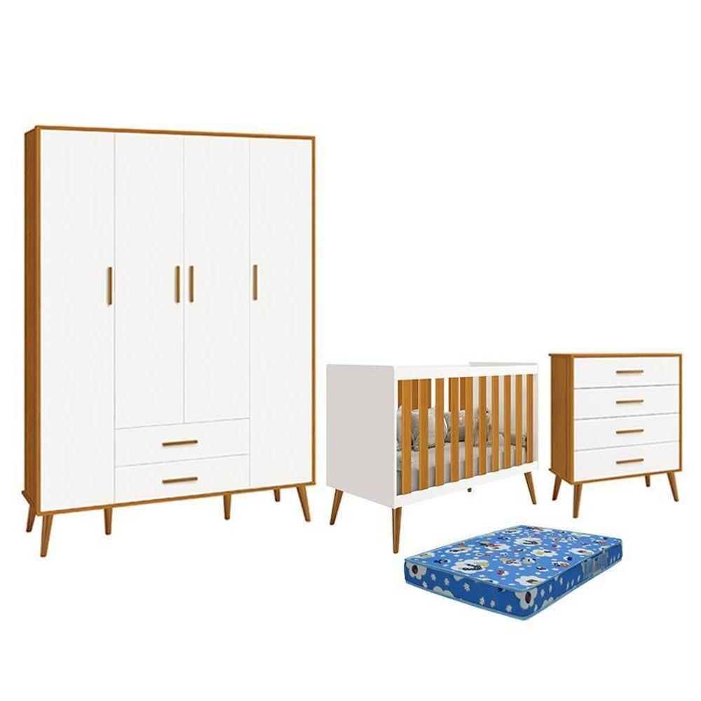 Dormitório Infantil Isis Guarda Roupa 4 Portas, Cômoda E Berço Branco Savana Com Colchão - Reller Móveis Branco Savana - 1