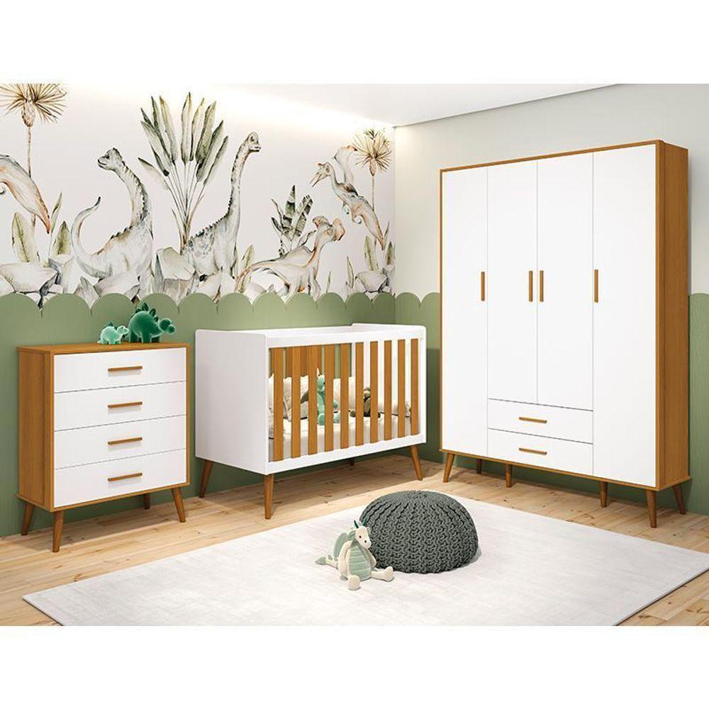 Dormitório Infantil Isis Guarda Roupa 4 Portas, Cômoda E Berço Branco Savana Com Colchão - Reller Móveis Branco Savana - 6