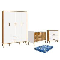 Dormitório Infantil Isis Guarda Roupa 4 Portas, Cômoda E Berço Branco Savana Com Colchão - Reller Móveis Branco Savana - 1