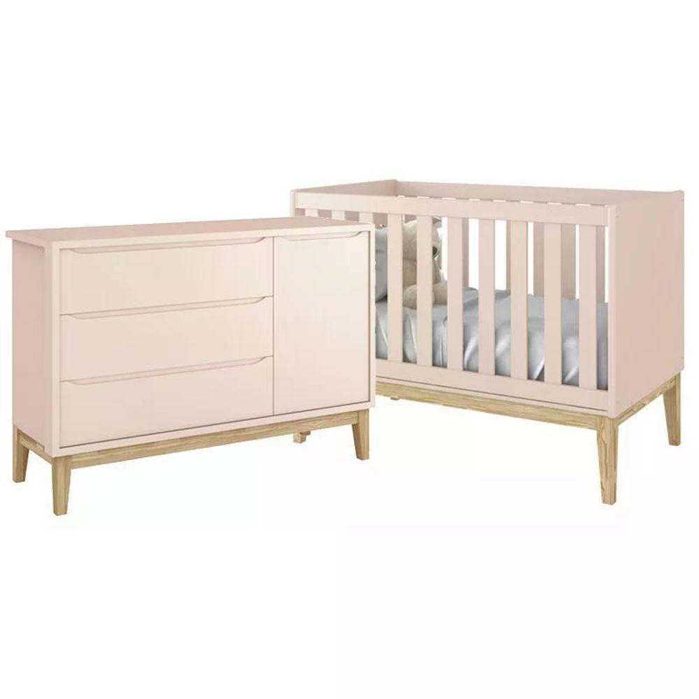 Jogo De Quarto Classic Cômoda Com Porta E Berço Rosa Fosco Com Pés Madeira Natural - Reller Móveis Rosa Fosco - 1