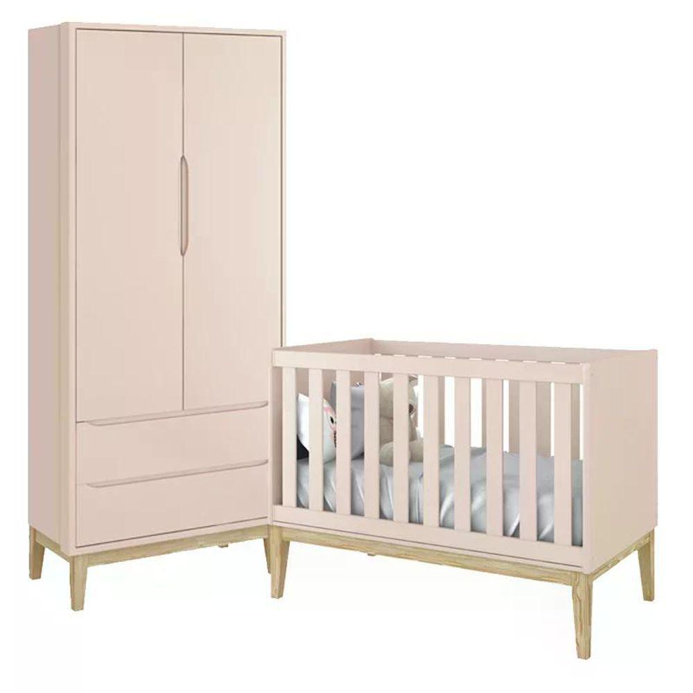 Jogo De Quarto Classic Guarda Roupa 2 Portas E Berço Rosa Fosco Com Pés Madeira Natural - Reller Móveis Rosa Fosco - 1