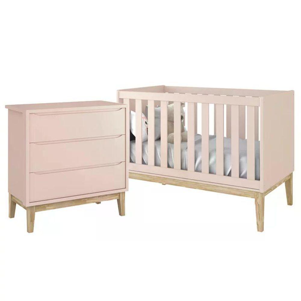 Jogo De Quarto Classic Cômoda 3 Gavetas E Berço Rosa Fosco Com Pés Madeira Natural - Reller Móveis Rosa Fosco - 1