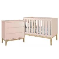 Jogo De Quarto Classic Cômoda 3 Gavetas E Berço Rosa Fosco Com Pés Madeira Natural - Reller Móveis Rosa Fosco - 1