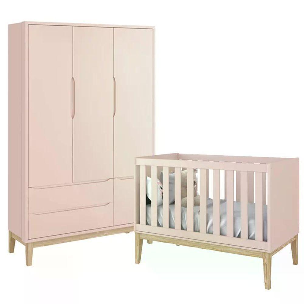 Jogo De Quarto Classic Guarda Roupa 3 Portas E Berço Rosa Fosco Com Pés Madeira Natural - Reller Móveis Rosa Fosco - 1