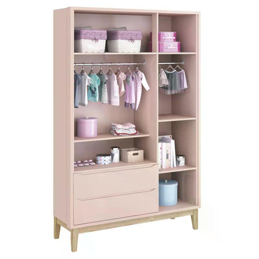Jogo De Quarto Classic Guarda Roupa 3 Portas E Berço Rosa Fosco Com Pés Madeira Natural - Reller Móveis Rosa Fosco - 2
