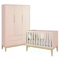 Jogo De Quarto Classic Guarda Roupa 3 Portas E Berço Rosa Fosco Com Pés Madeira Natural - Reller Móveis Rosa Fosco - 1