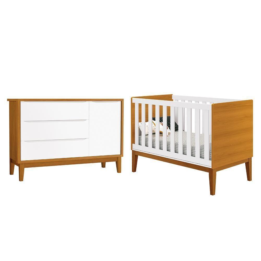 Jogo De Quarto Infantil Cômoda 1 Porta E Berço Classic Branco Savana Com Pés Amadeirado - Reller Móveis Branco Savana - 1