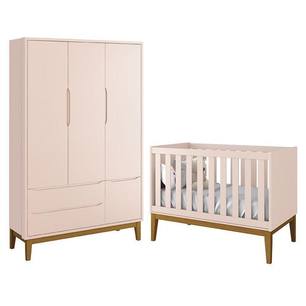 Jogo De Quarto Infantil Guarda Roupa 3 Portas E Berço Classic Rosa Fosco Com Pés Amadeirado - Reller Móveis Rosa Fosco - 1