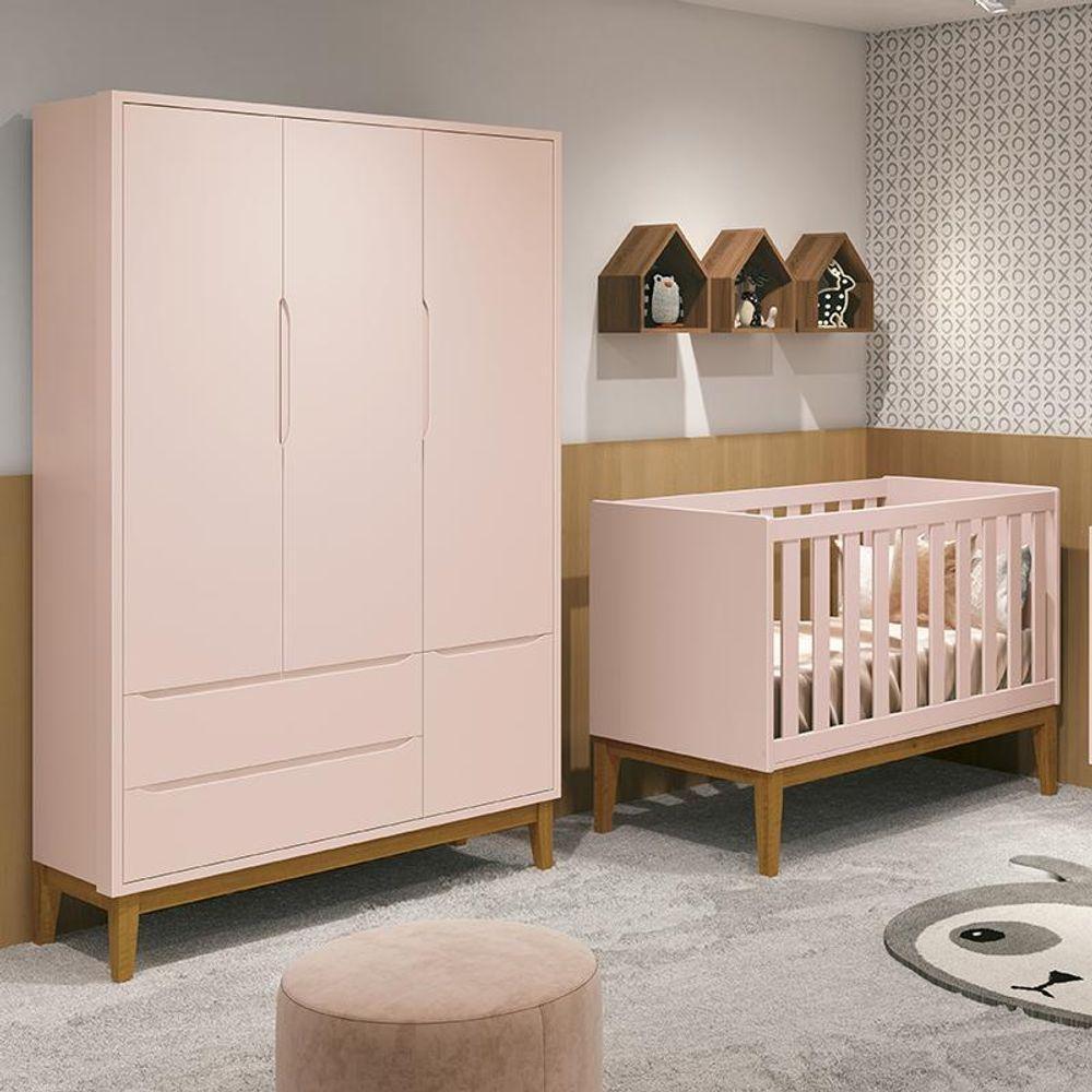 Jogo De Quarto Infantil Guarda Roupa 3 Portas E Berço Classic Rosa Fosco Com Pés Amadeirado - Reller Móveis Rosa Fosco - 6