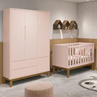 Jogo De Quarto Infantil Guarda Roupa 3 Portas E Berço Classic Rosa Fosco Com Pés Amadeirado - Reller Móveis Rosa Fosco - 6