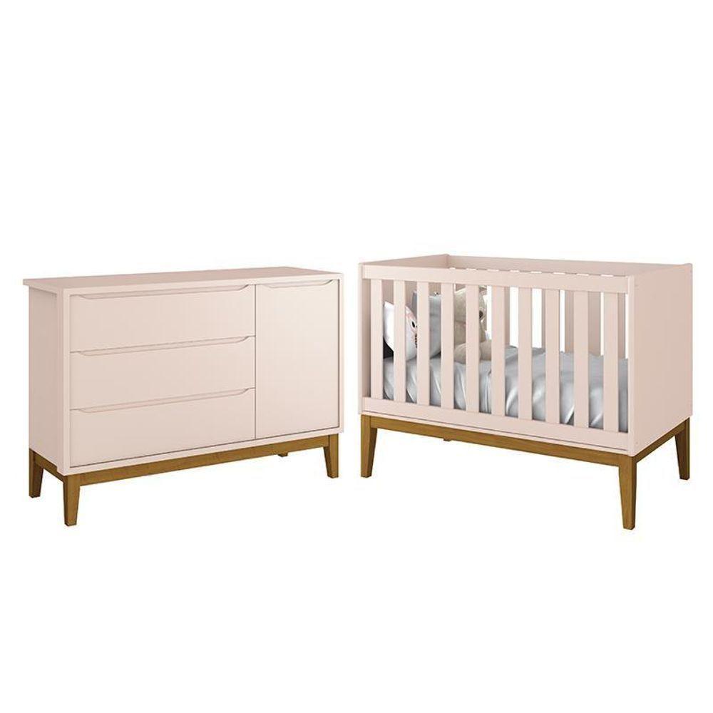 Jogo De Quarto Infantil Cômoda 1 Porta E Berço Classic Rosa Fosco Com Pés Amadeirado - Reller Móveis Rosa Fosco - 1