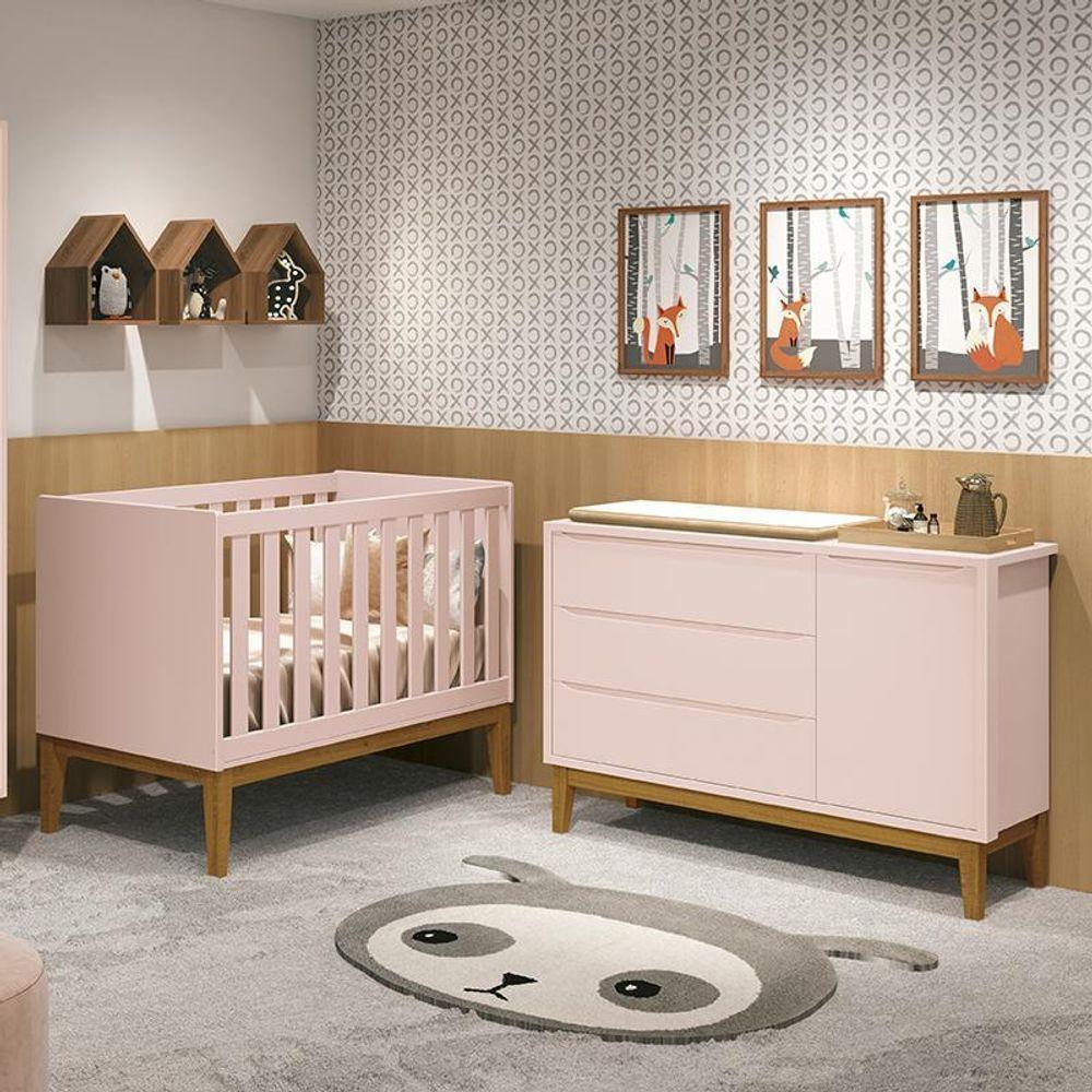 Jogo De Quarto Infantil Cômoda 1 Porta E Berço Classic Rosa Fosco Com Pés Amadeirado - Reller Móveis Rosa Fosco - 6