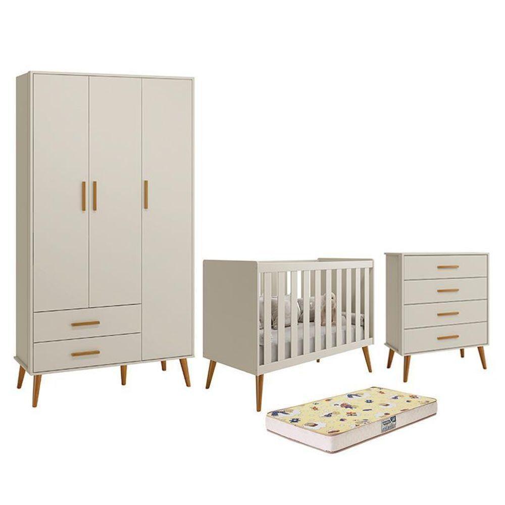 Dormitório Infantil Isis Guarda Roupa 3 Portas, Cômoda E Berço Areia Com Colchão D18 - Reller Móveis Areia - 1
