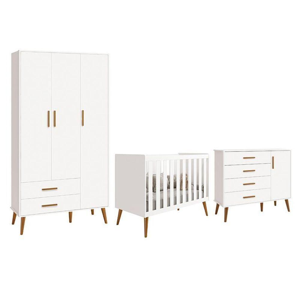 Dormitório Infantil Isis Guarda Roupa 3 Portas, Cômoda 1 Porta E Berço Branco - Reller Móveis Branco - 1