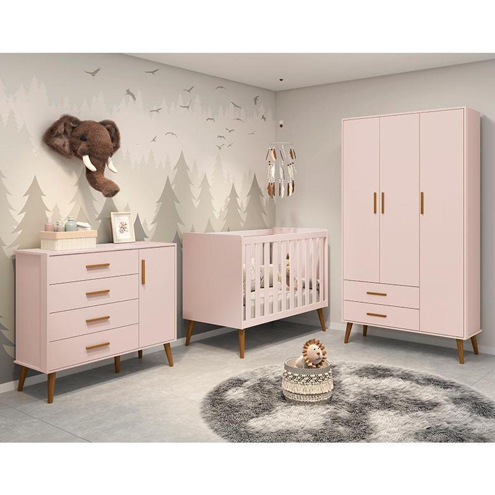 Dormitório Infantil Isis Guarda Roupa 3 Portas, Cômoda 1 Porta E Berço Rosa Com Colchão - Reller Móveis Rosa - 6