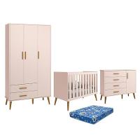 Dormitório Infantil Isis Guarda Roupa 3 Portas, Cômoda 1 Porta E Berço Rosa Com Colchão - Reller Móveis Rosa - 1