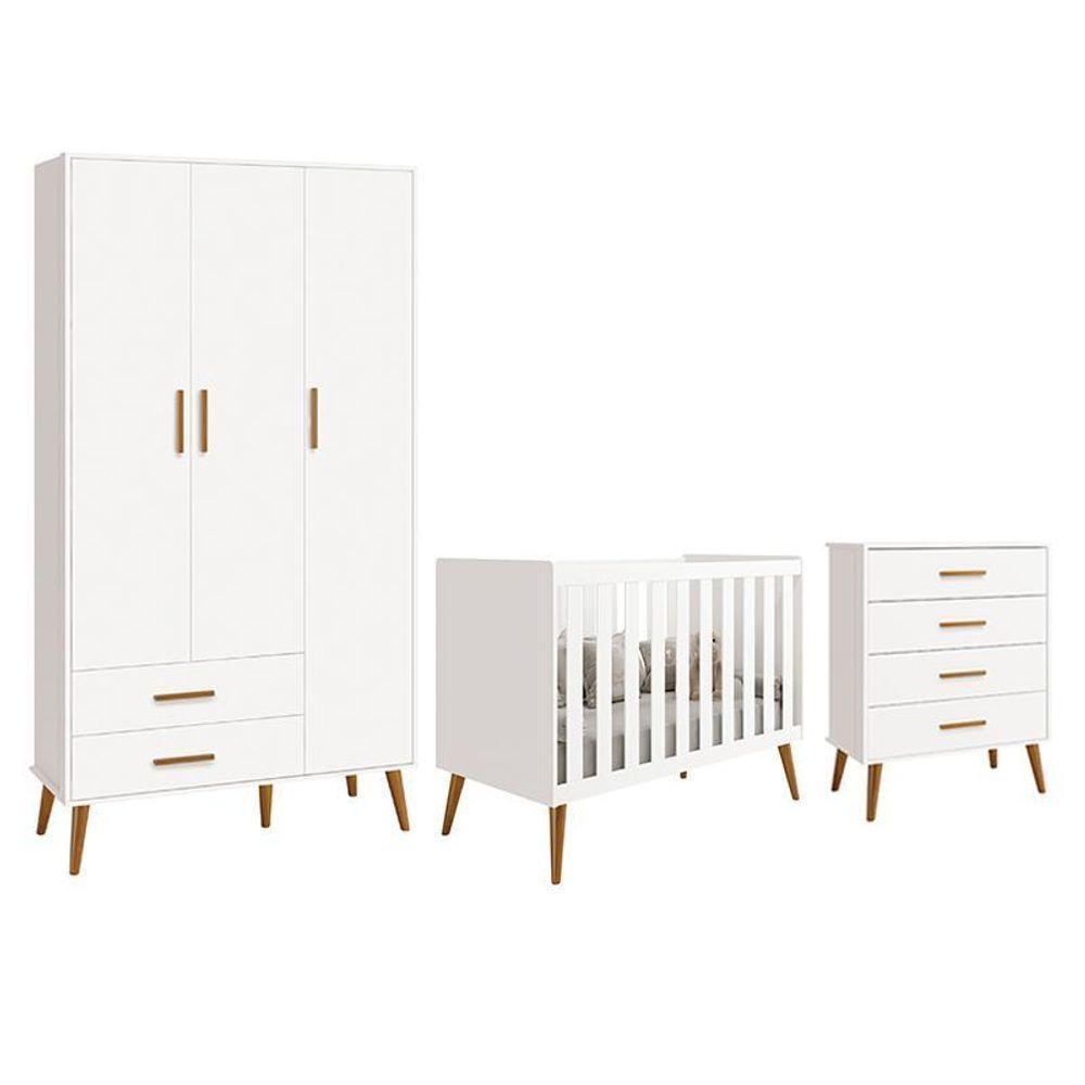 Dormitório Infantil Isis Guarda Roupa 3 Portas, Cômoda E Berço Branco - Reller Móveis Branco - 1
