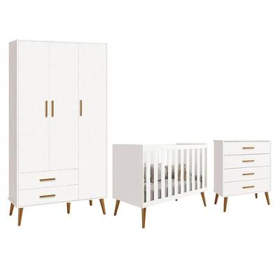 Conjunto de Quarto Infantil Isis com Guarda Roupa 3 Portas de Bater 2 Gavetas MDF Branco