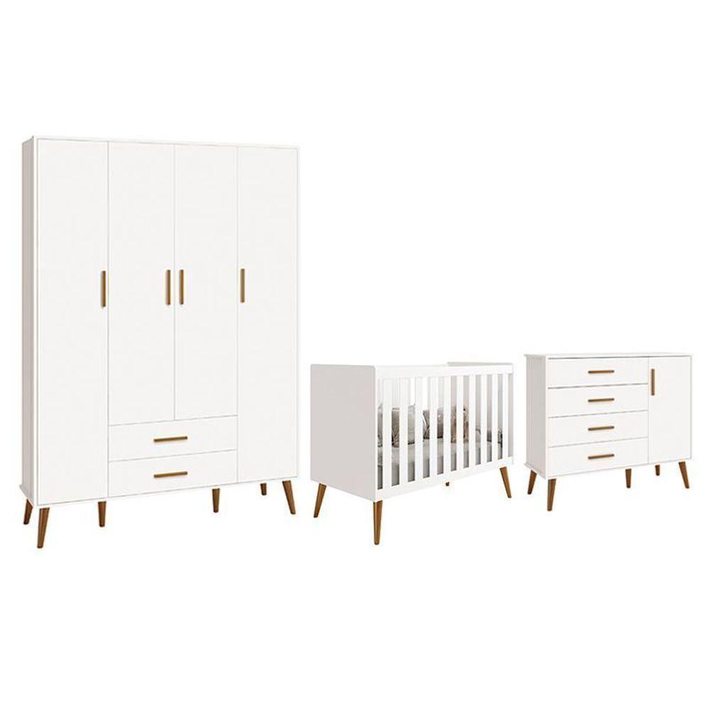 Dormitório Infantil Isis Guarda Roupa 4 Portas, Cômoda 1 Porta E Berço Branco - Reller Móveis Branco - 1
