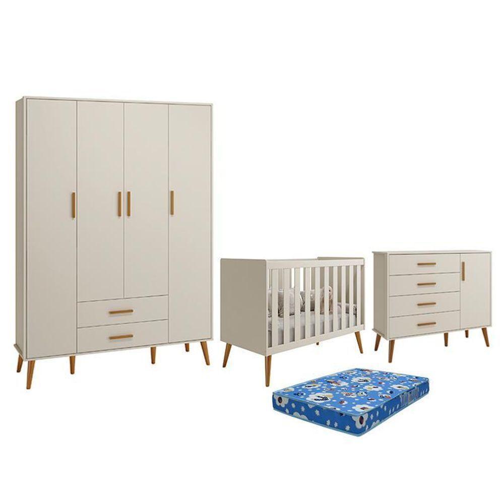 Dormitório Infantil Isis Guarda Roupa 4 Portas, Cômoda 1 Porta E Berço Areia Com Colchão - Reller Móveis Areia - 1
