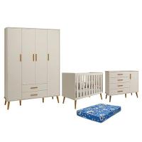 Dormitório Infantil Isis Guarda Roupa 4 Portas, Cômoda 1 Porta E Berço Areia Com Colchão - Reller Móveis Areia - 1