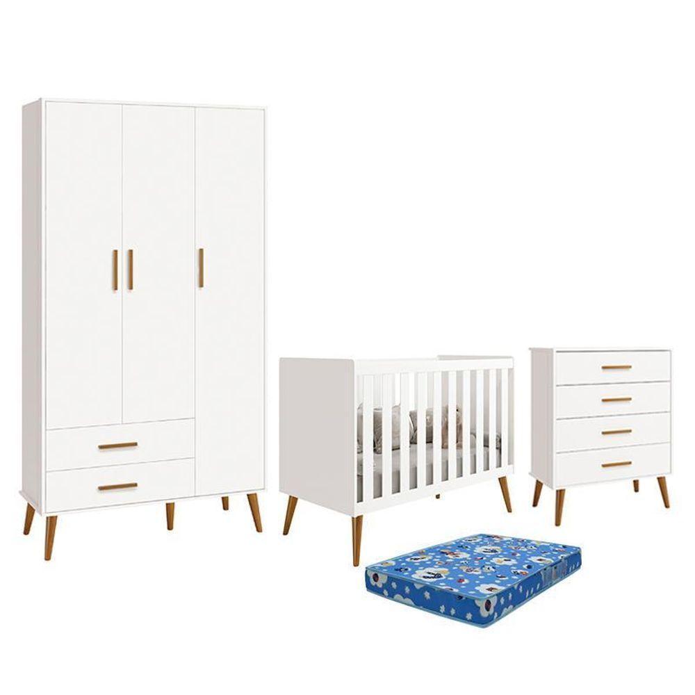 Dormitório Infantil Isis Guarda Roupa 3 Portas, Cômoda E Berço Branco Com Colchão - Reller Móveis Branco - 1