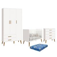 Dormitório Infantil Isis Guarda Roupa 3 Portas, Cômoda E Berço Branco Com Colchão - Reller Móveis Branco - 1