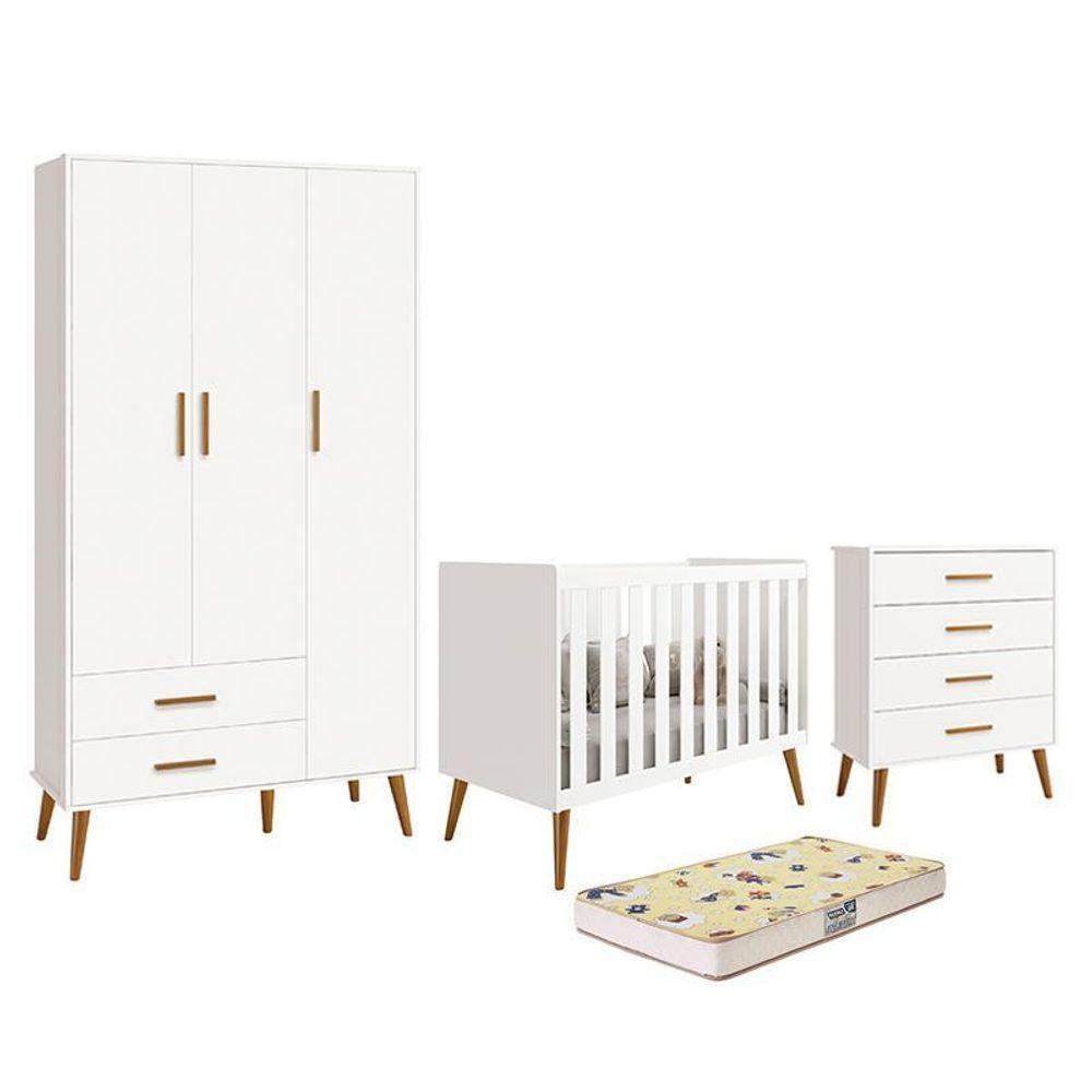 Dormitório Infantil Isis Guarda Roupa 3 Portas, Cômoda E Berço Branco Com Colchão D18 - Reller Móveis Branco - 1