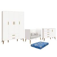 Dormitório Infantil Isis Guarda Roupa 4 Portas, Cômoda 1 Porta E Berço Branco Com Colchão - Reller Móveis Branco - 1