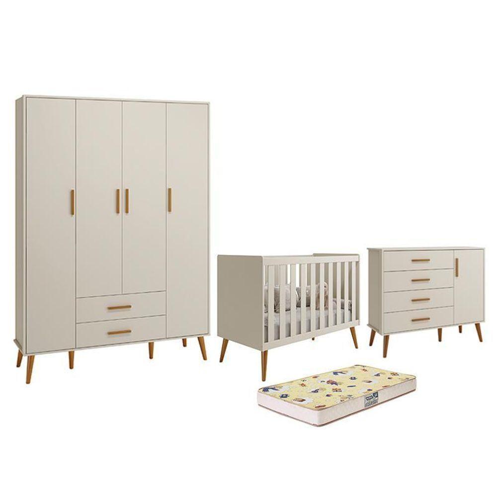 Dormitório Infantil Isis Guarda Roupa 4 Portas, Cômoda 1 Porta E Berço Areia Com Colchão D18 - Reller Móveis Areia - 1