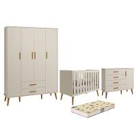 Dormitório Infantil Isis Guarda Roupa 4 Portas, Cômoda 1 Porta E Berço Areia Com Colchão D18 - Reller Móveis Areia - 1