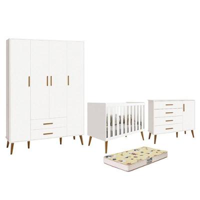 Dormitório Infantil Isis Guarda Roupa 4 Portas, Cômoda 1 Porta E Berço Branco Com Colchão D18 - Reller Móveis Branco