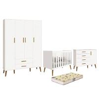 Dormitório Infantil Isis Guarda Roupa 4 Portas, Cômoda 1 Porta E Berço Branco Com Colchão D18 - Reller Móveis Branco - 1