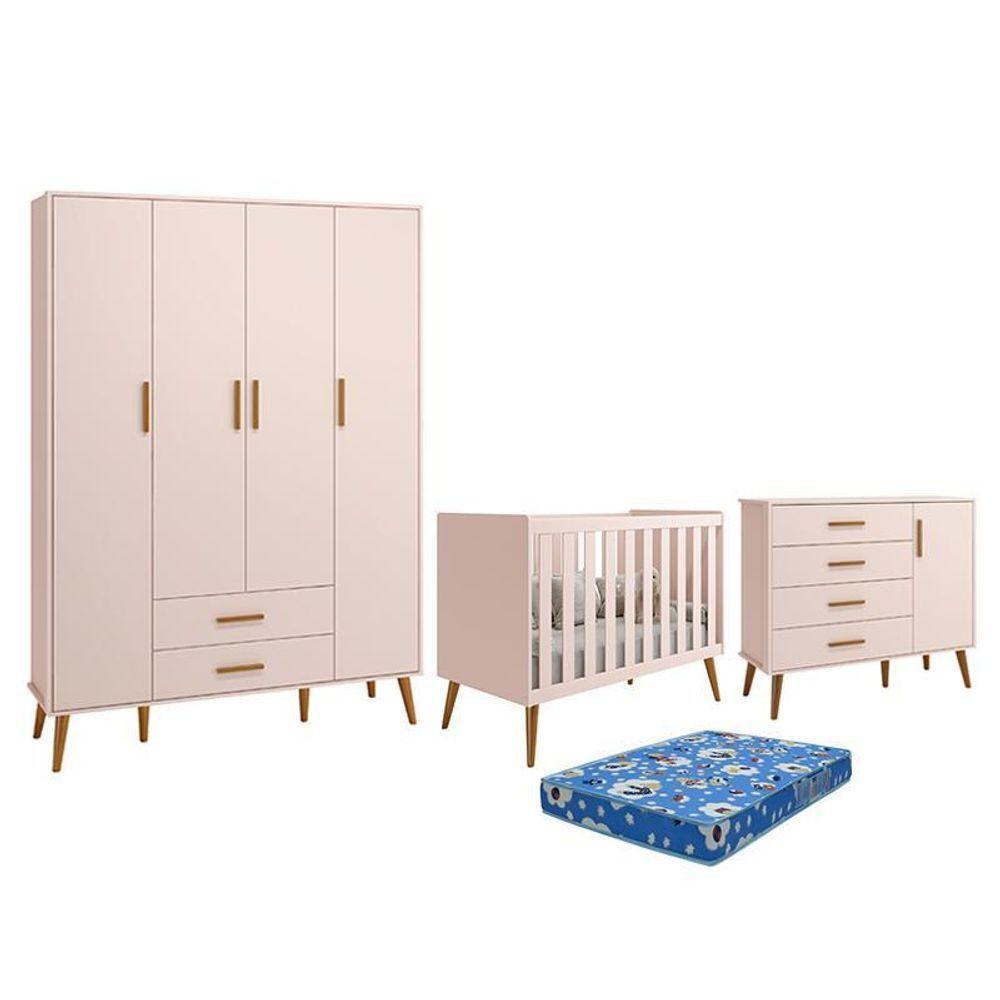 Dormitório Infantil Isis Guarda Roupa 4 Portas, Cômoda 1 Porta E Berço Rosa Com Colchão - Reller Móveis Rosa - 1
