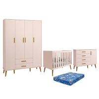 Dormitório Infantil Isis Guarda Roupa 4 Portas, Cômoda 1 Porta E Berço Rosa Com Colchão - Reller Móveis Rosa - 1