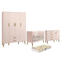 Dormitório Infantil Isis Guarda Roupa 4 Portas, Cômoda 1 Porta E Berço Rosa Com Colchão D18 - Reller Móveis Rosa - 1