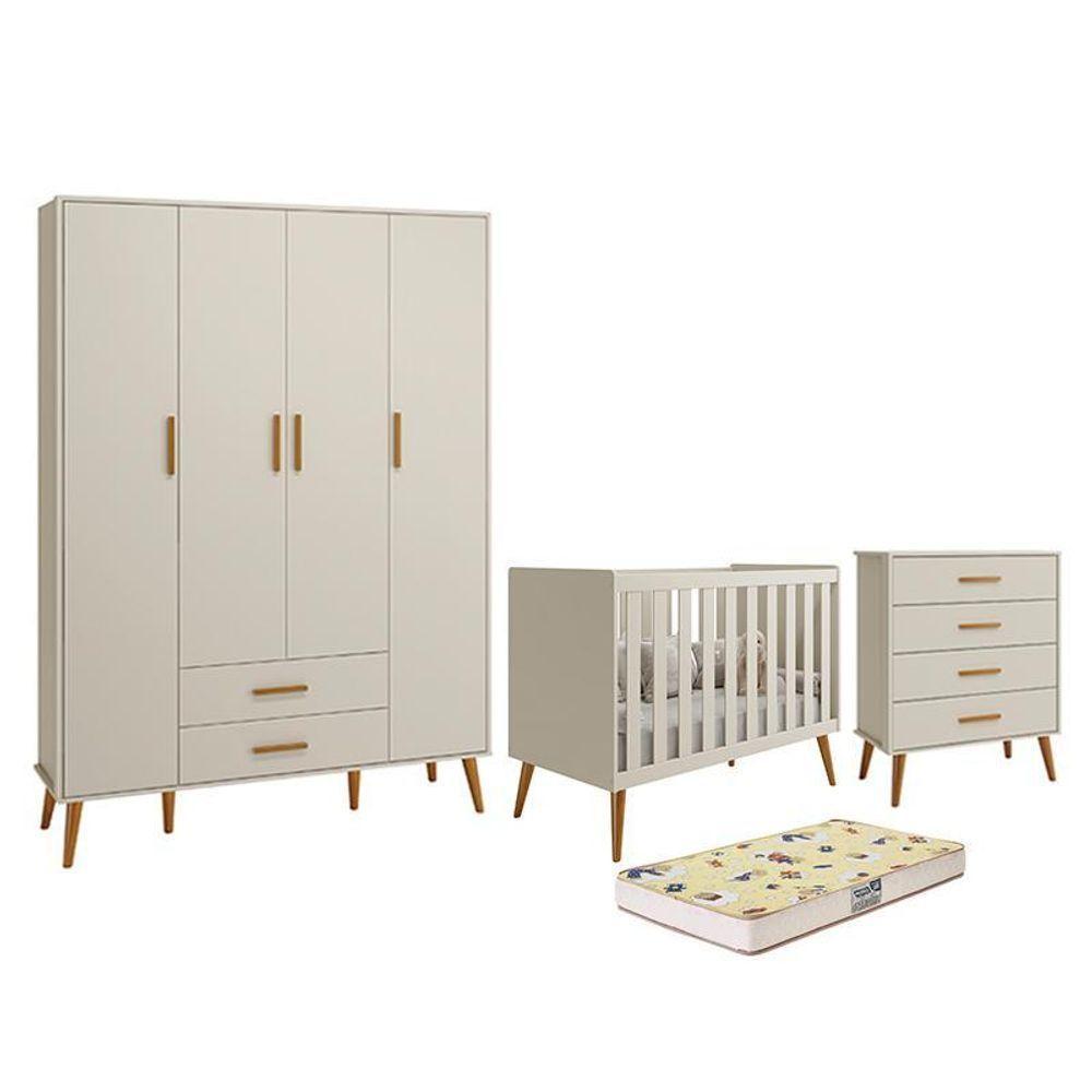Dormitório Infantil Isis Guarda Roupa 4 Portas, Cômoda E Berço Areia Com Colchão D18 - Reller Móveis Areia - 1