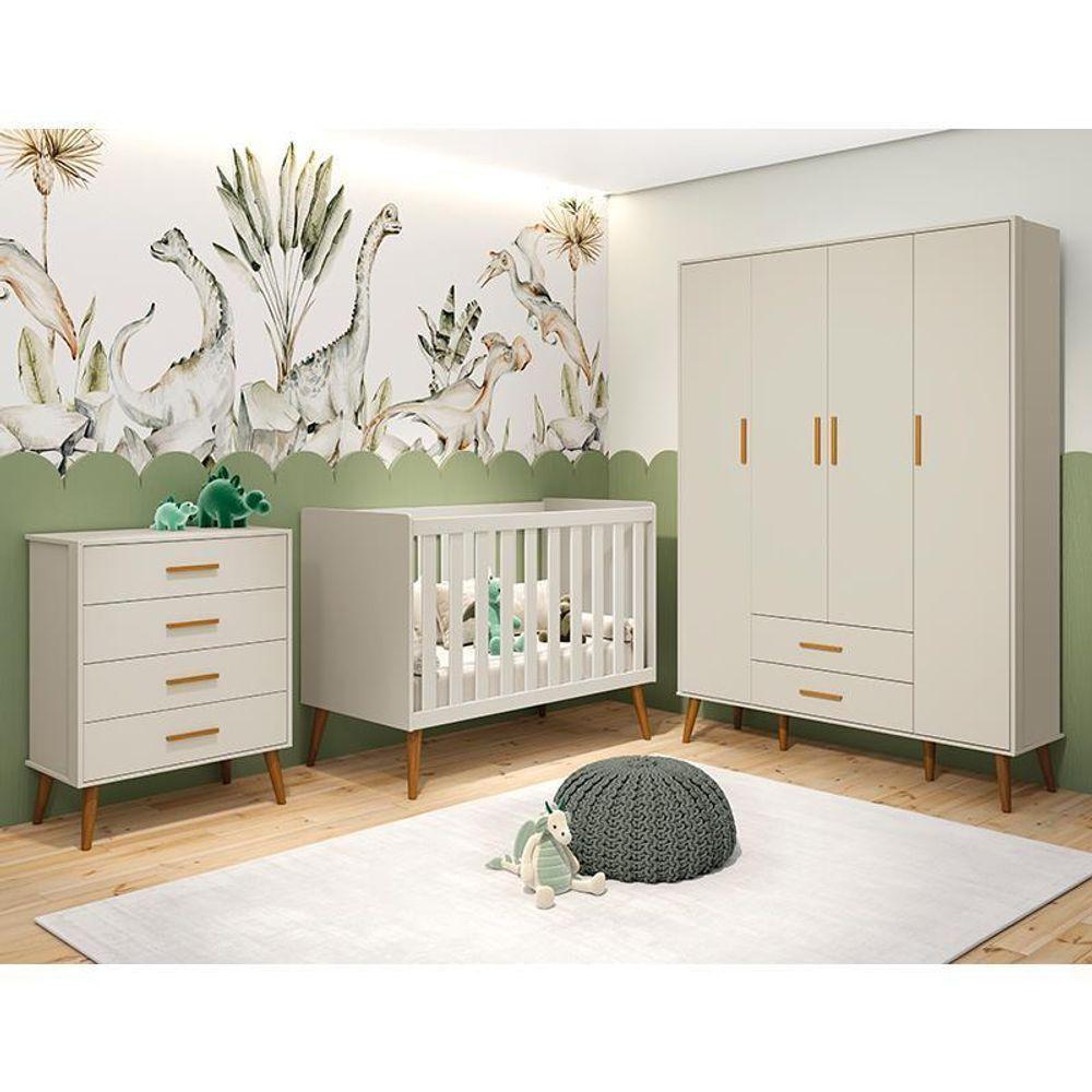 Dormitório Infantil Isis Guarda Roupa 4 Portas, Cômoda E Berço Areia Com Colchão D18 - Reller Móveis Areia - 3