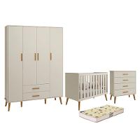 Dormitório Infantil Isis Guarda Roupa 4 Portas, Cômoda E Berço Areia Com Colchão D18 - Reller Móveis Areia - 1
