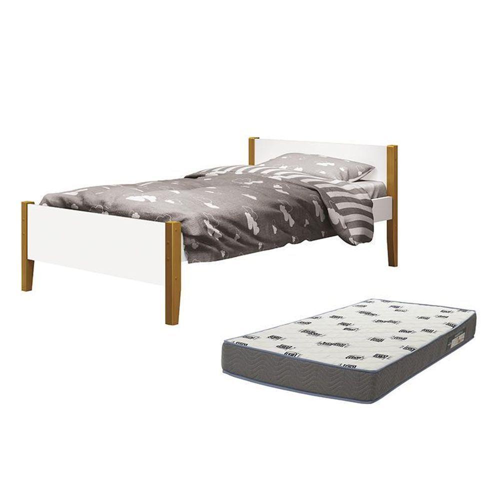 Cama Solteiro Simba Branco Fosco Pés Amadeirado Com Colchão D33 - Reller Móveis Branco Fosco - 1